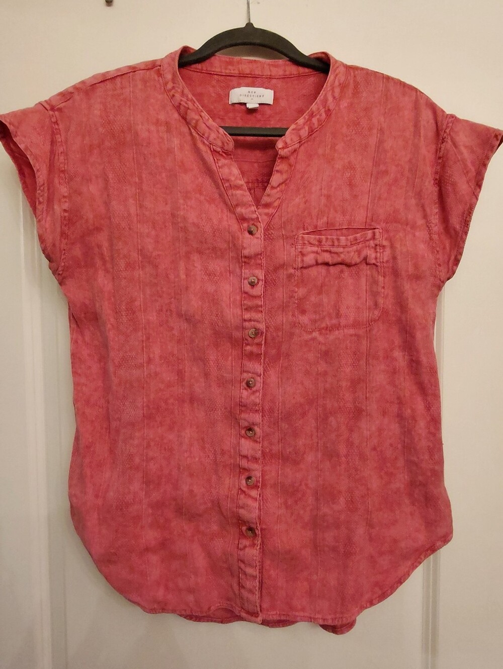 Distressed Look Pink Button Down Cap Sleeves